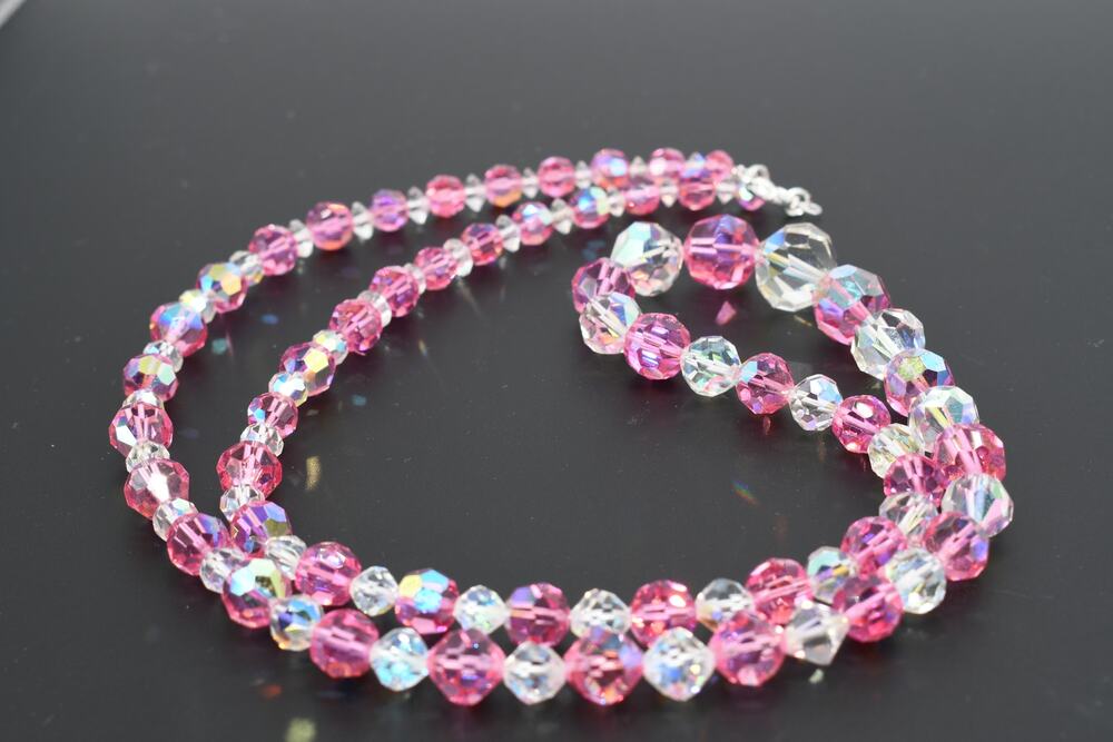 Vintage Pink Crystal Bead Necklace Clear AB Graduated 28 Inch 1960s